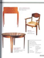 A page from a furniture catalog featuring a wooden headboard, a wooden armchair with a woven seat, and a round wooden dining table.