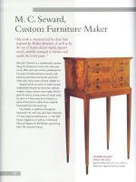 A tall wooden chest with four drawers on long, slender legs is displayed next to text about M. C. Seward, a custom furniture maker.