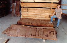 A person stands next to large slabs of rough-cut wood, with more stacked timber in the background inside a storage area.