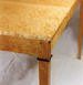 Close-up of a wooden table corner, showing a light-colored wood grain and part of the table leg against a plain background.
