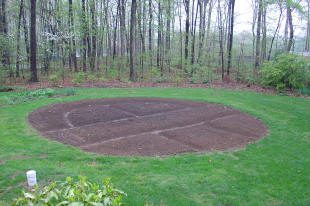 Circular garden plot in green backyard.