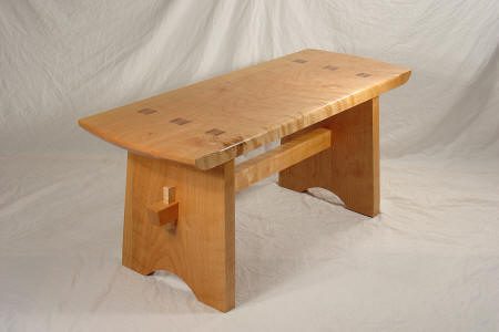 A wooden bench with a smooth, rectangular seat, visible joints, and sturdy legs, set against a plain white background.