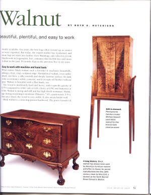 Magazine page featuring two walnut wood furniture pieces: a tall cabinet on slender legs and a low dresser with ornate drawers and handles, accompanied by descriptive text.