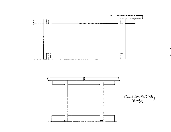 Black and white line drawing of a table with a contemporary base, showing front and side elevation views, and handwritten label "CONTEMPORARY BASE.