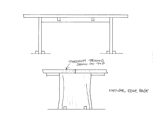 Technical drawing of a table showing front and side views, labeled with “through tenons show on top” and “natural edge base.”.