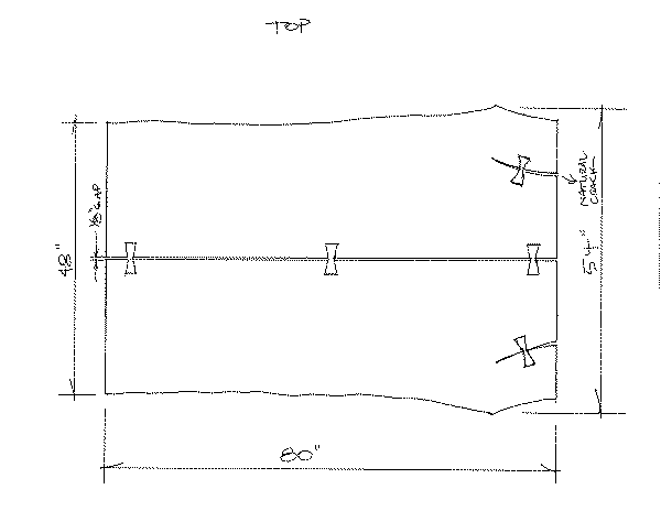 A technical drawing showing a rectangular object measuring 48" by 80" with annotated notches and a centerline, labeled “TOP” with measurements and notes.