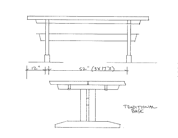 Black and white technical drawing of a table labeled "Traditional Base," showing front and side views with dimensions of 52 inches wide and 12 inches deep.
